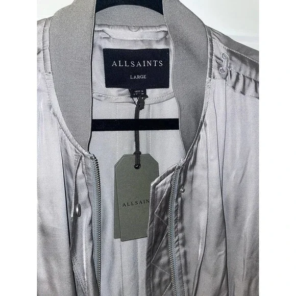 NWT All Saints Ellis ruched-sleeve Bomber Jacket Silver Grey Women Size Large - Picture 4 of 6